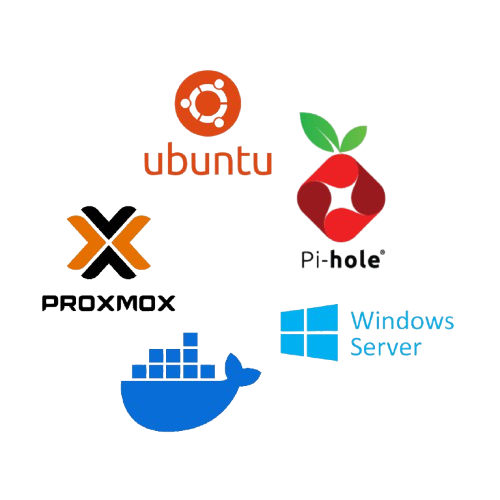 Image displaying the Proxmox Hypervisor, PiHole, Windows Server, Ubuntu, and Docker logos